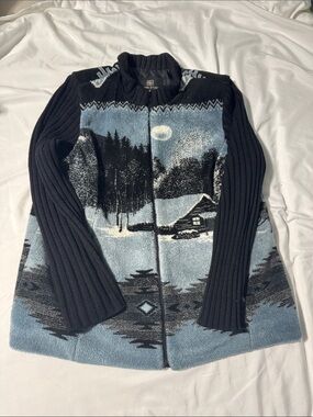 Vintage Alpine Studio Ski Lodge Sweater Jacket Cabin Scene Full Zip Nordic Large
